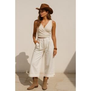 Kariella Wide Leg Cropped Culottes Pants White Large Cotton Neutral Minimalist